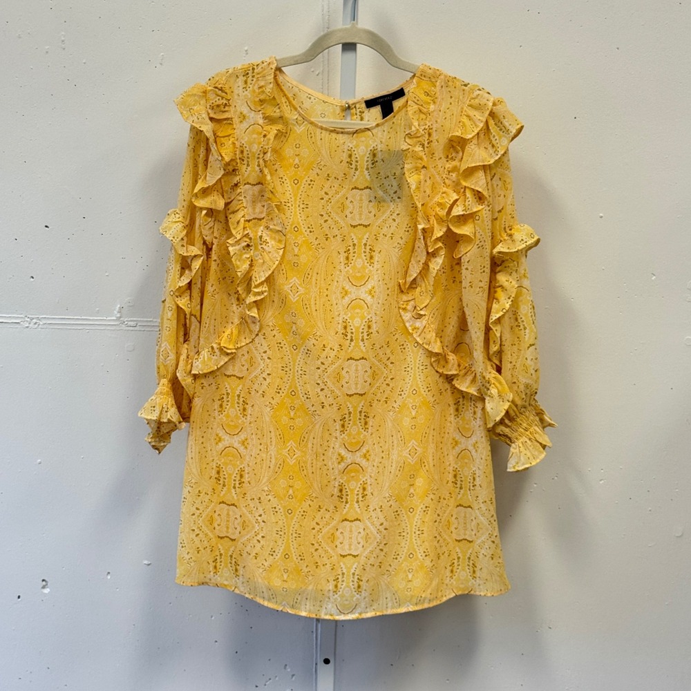 Forever 21 Yellow Paisley Ruffle Mini Dress Long Sleeve Smocked Cuffs Size Small